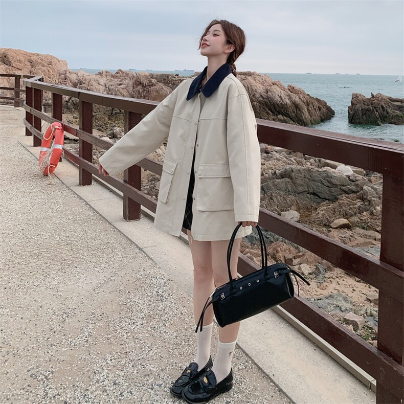 撞色翻领休闲工装外套女春秋2025新款小个子流行爆款漂亮超火上衣,女装短外套,2D014