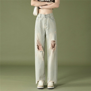 k1019-p50-控78 M-5XL 现货oversize cleanfit风黄泥牛仔裤破洞图片