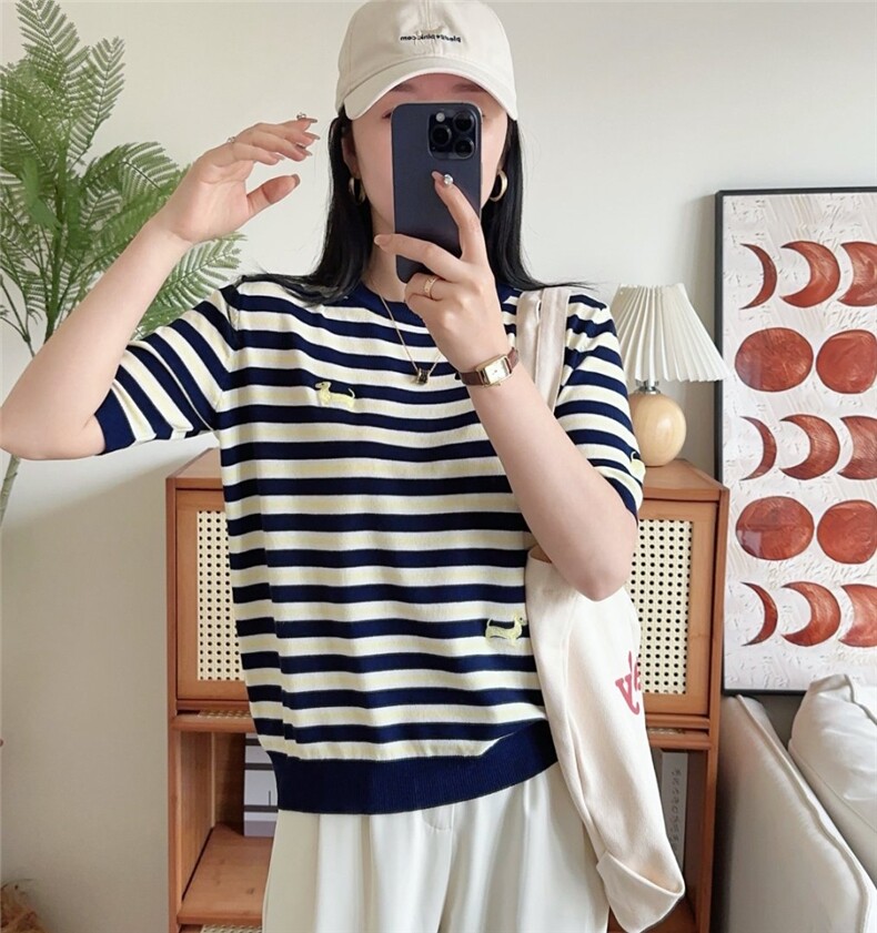 2025年新款短款上衣条纹短袖T恤女装夏装冰丝针织打底衫半袖,女装T恤,臻纶羊绒