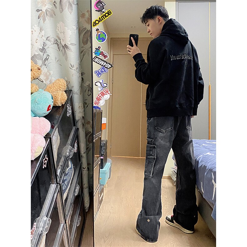 B221美式ins高街暗黑小众个性拼接直筒牛仔裤LK23141-P65控88,男装牛仔裤,电商B221