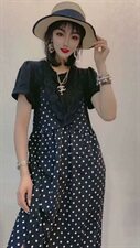 欧洲站女装2021夏季新款时尚拼蕾丝波点显瘦吊带假两件连衣裙