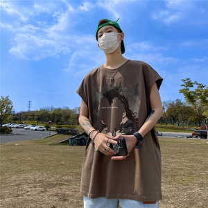 直播品质 重磅纯棉 220克美式印花宽松背心男女无袖t恤潮BX282P25图片