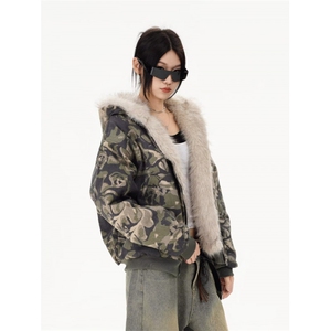 美式水洗迷彩毛领连帽夹克棉服2025冬季加厚座山雕外套男女W2199图片