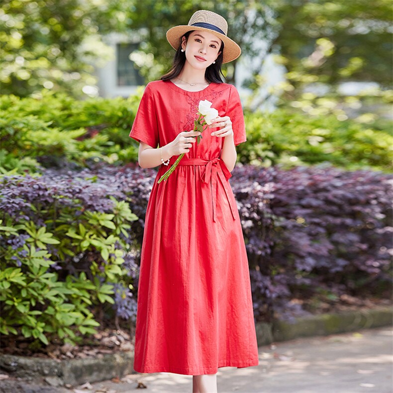刺绣短袖亚棉连衣裙夏季新款2025年时尚休闲洋气减龄中长款裙子,女装连衣裙,1D073