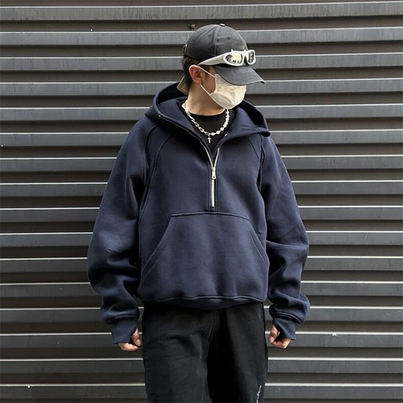 抖音得物二开美式重磅宽松结构拉链设计防风高领连帽卫衣外套W76,男装卫衣,电商A486-1