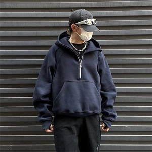 抖音得物二开 美式重磅宽松结构拉链设计防风高领连帽卫衣外套W76图片