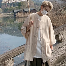 唐装男士短袖衬衫外套男夏季汉服风中式盘扣棉麻上衣半袖衬衣，男装衬衫，星座601-2
