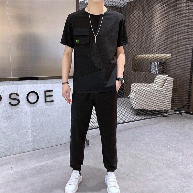 夏季冰丝薄款短袖T恤休闲两件套宽松潮流空调长裤A436-2131-P60,男装T恤,电商A436