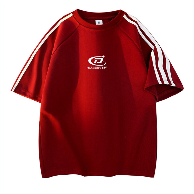 抖音得物高品质二开240克宽松纯棉美式潮牌三条杠织带短袖T恤，男装T恤，电商A486