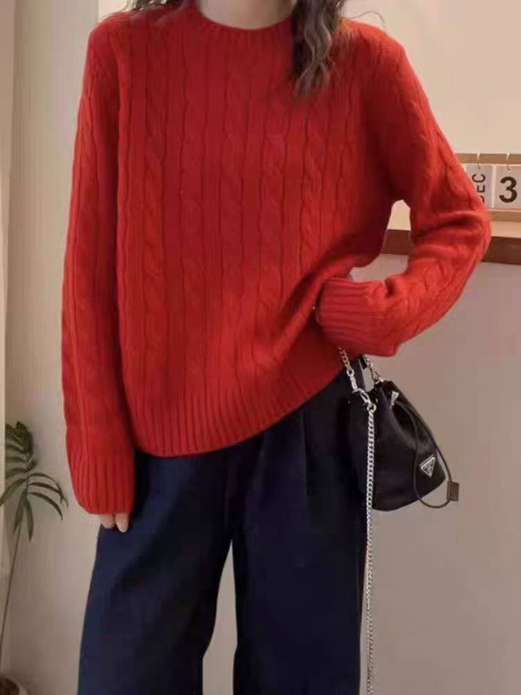 2025年秋季时尚百搭通勤简约休闲圆领麻花羊毛衫,女装羊毛衫,秋虹羊绒