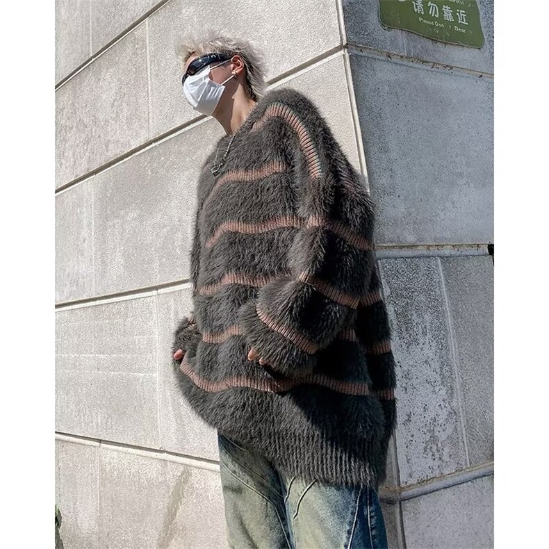 设计感撞色条纹仿貂绒圆领毛衣男慵懒风潮牌ins宽松针织衫,男装针织衫/毛衣,星座716-3