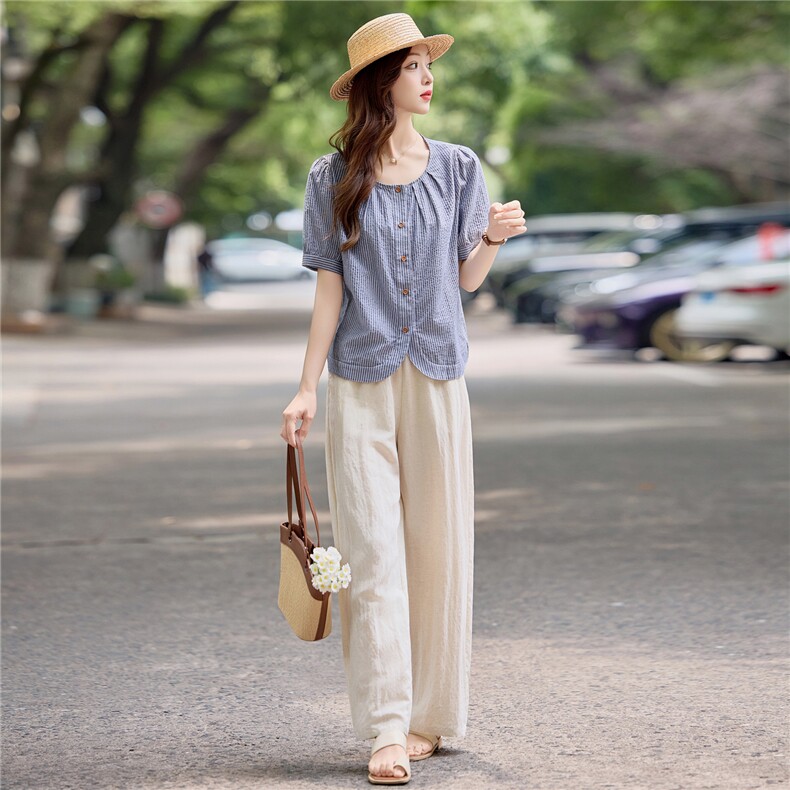 时尚气质休闲套装女2025夏季全棉条纹衬衫上衣阔腿裤显瘦两件套，女装套装/套裙，依万里