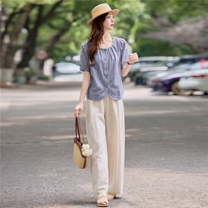 时尚气质休闲套装女2025夏季全棉条纹衬衫上衣阔腿裤显瘦两件套，女装套装/套裙，依万里