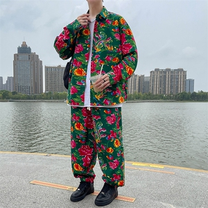 东北花衬衣男新式唐装复古潮大码牡丹衬衫秋季长裤8018套装特P55图片