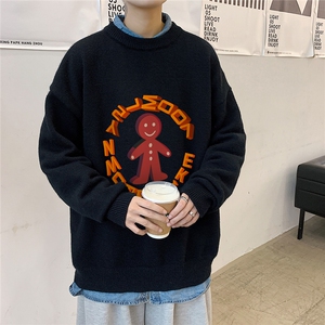 1港风日系宽松休闲情侣套头印花加厚毛衣男外套7693P48加绒P55图片
