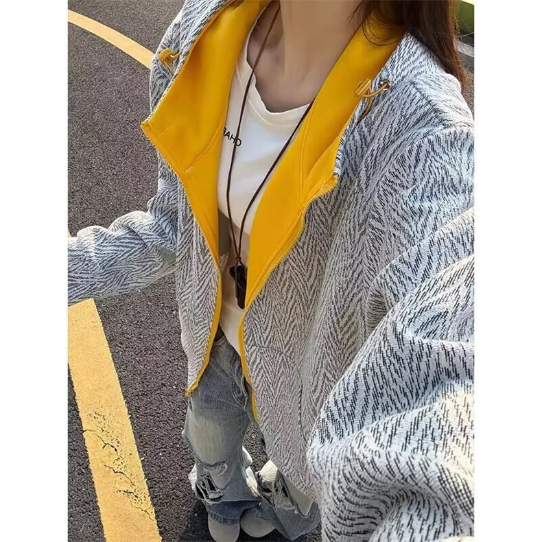 HJ126-P66 美式复古小香风条纹连帽卫衣男女秋季cleanfit慵懒图片