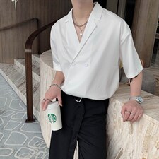 夏季男装高级感小众设计垂感禁欲系西装领短袖衬衫男潮CS299-P58，男装T恤，电商B267