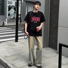 美式复古牛仔裤男士春秋款高街宽松阔腿裤子潮牌休闲直筒牛仔长裤，男装牛仔裤，星座1013