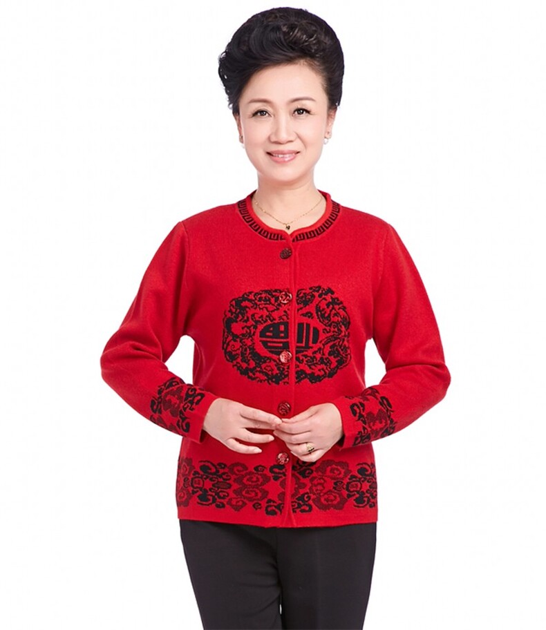 中老年人唐装女士福字本命年红色毛衣妈妈装羊毛衫加厚毛衣大码,女装中老年女装,亚东羊绒制品