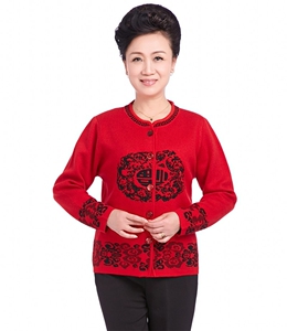 中老年人唐装女士福字本命年红色毛衣妈妈装羊毛衫加厚毛衣大码图片