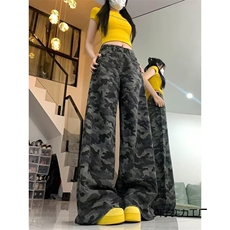 266-P35大码美式复古高街迷彩牛仔裤女2025新款高腰宽松，男装牛仔裤，电商B323A