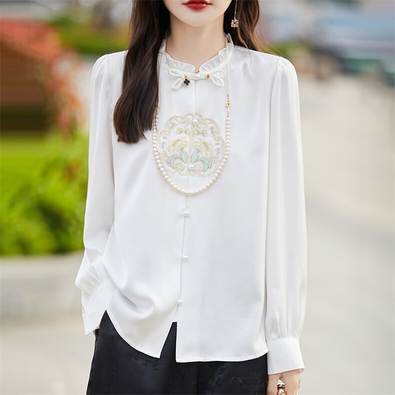立领盘扣复古新中式缎面真丝开衫女春秋新款刺绣拼色长袖外搭上衣，女装衬衫，臻维羊绒