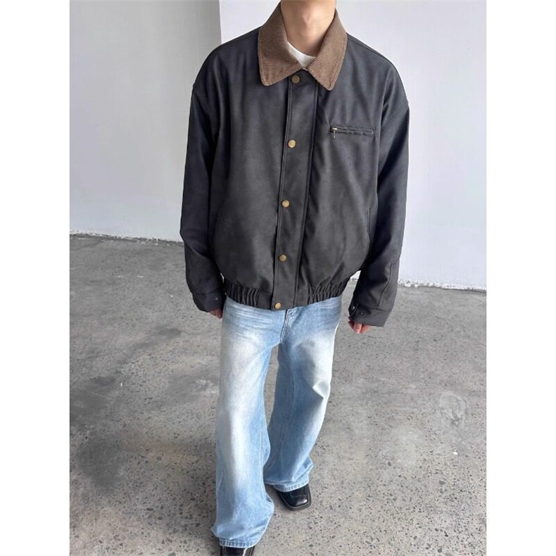 美式街头灯芯绒领拼扎染皮衣外套男款宽松休闲复古做旧飞行员夹克,男装皮衣,星座506A