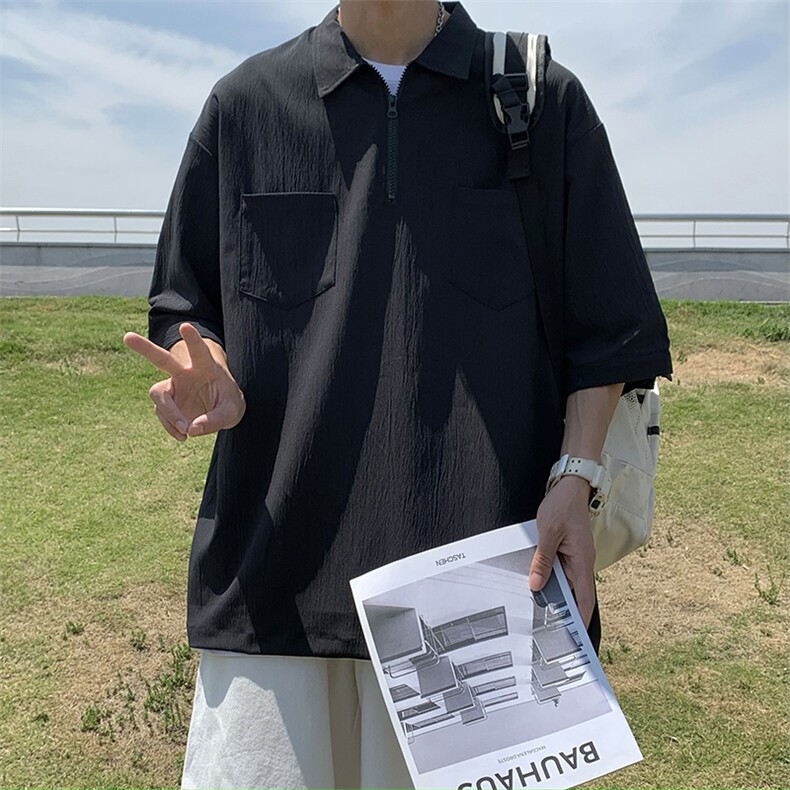 夏季半拉链翻领Polo衫潮牌ins宽松T恤日系纯色上衣男W3181-P28,男装衬衫,星座512-2