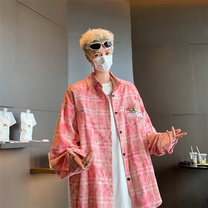 美式高街洗水做旧刺绣衬衫外套男女春秋情侣防晒长袖衬衣HJ25/P50,男装防晒衣,星座506