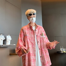 美式高街洗水做旧刺绣衬衫外套男女春秋情侣防晒长袖衬衣HJ25/P50，男装防晒衣，星座506