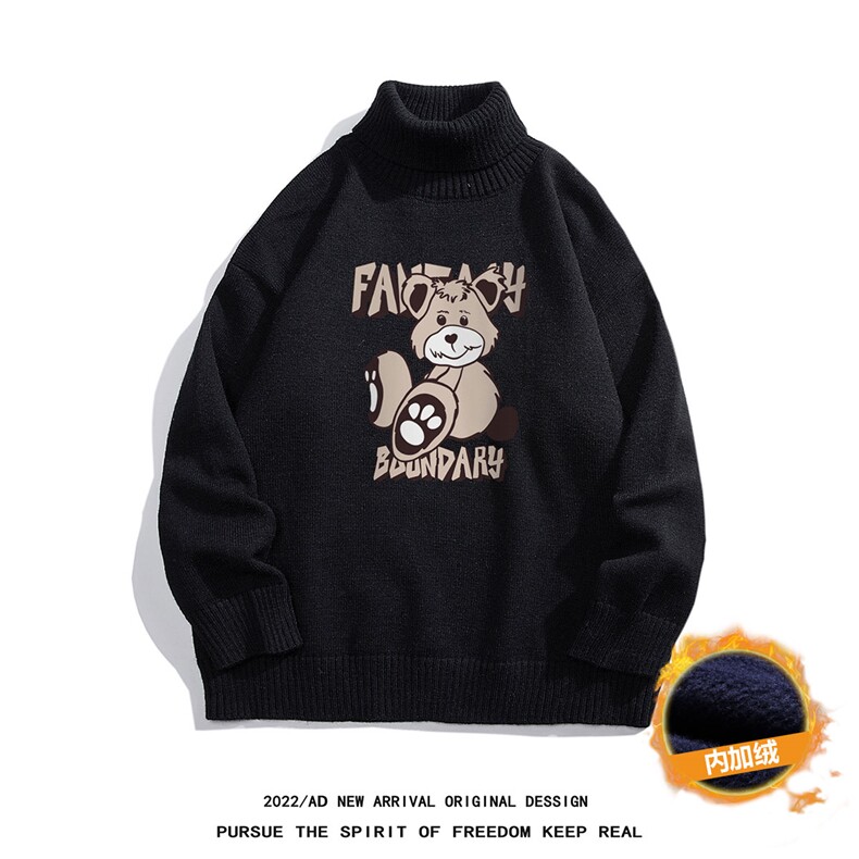 白底22秋冬趣味小熊百搭可翻高领套头毛衣M959P55加绒65控78-88，男装针织衫/毛衣，电商A247-1