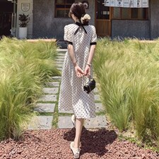 法式雪纺波点连衣裙女夏2025新款小香风宽松减龄仙女气质温柔长裙，女装连衣裙，浙宝305