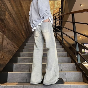 美式高街流星锤裤链刺绣半松紧牛仔裤男款宽松直筒微喇休闲裤图片