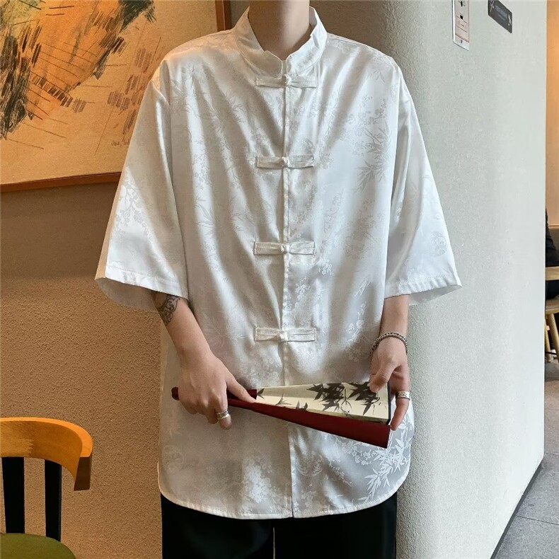 新中式盘扣龙袍短袖白衬衫男高级感风唐装冰丝外套式衬衣夏季,男装衬衫,星座601-2