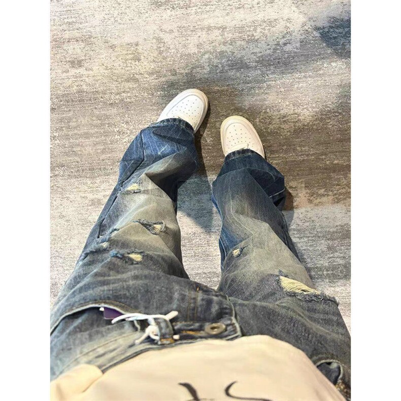 美式直筒微喇叭破洞牛仔裤男女水洗cleanfit休闲裤潮WL31533-p48,男装休闲裤,星座1008