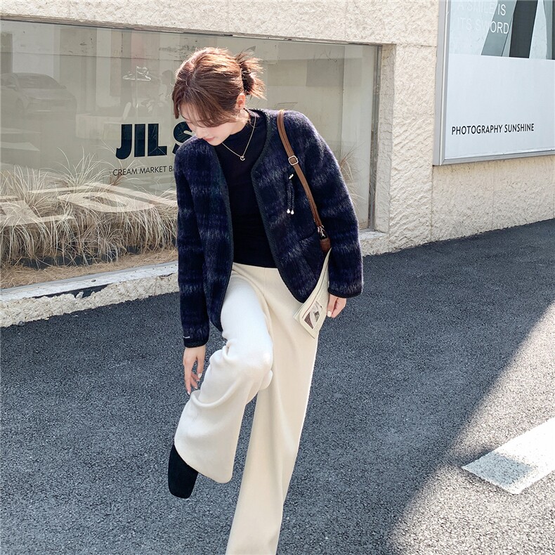 韩系小香风拼接羊毛呢外套女秋冬2025新款设计气质小个子短款大衣,女装毛呢外套,1C130