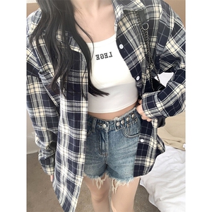 特批P30无差价2025春时尚格子翻领长袖衬衫男女中性休闲衬衣C5450图片