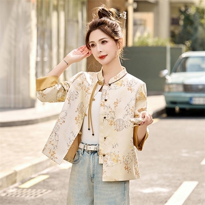 新中式国风印花短外套女2025春秋新款提花盘扣改良年轻款唐装上衣图片