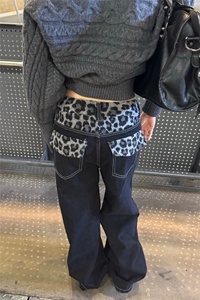 美式复古毛绒豹纹腰头拼接牛仔裤男女宽松阔腿休闲显瘦拖地长裤子图片