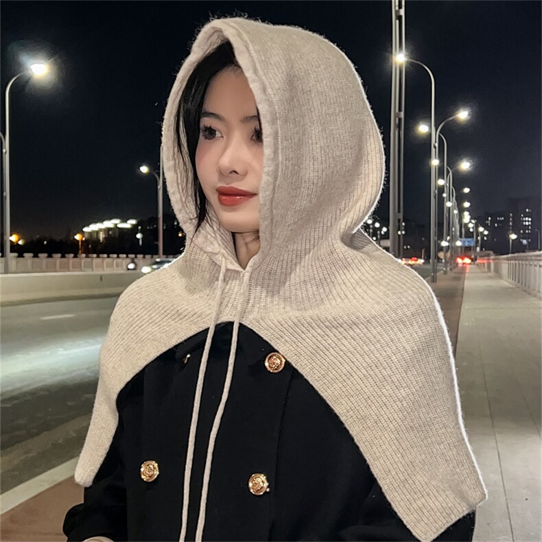 斗篷连帽披肩纯羊毛2024冬季帽子一体外搭套头护耳保暖针织围脖女,饰品披肩,朝思羊绒