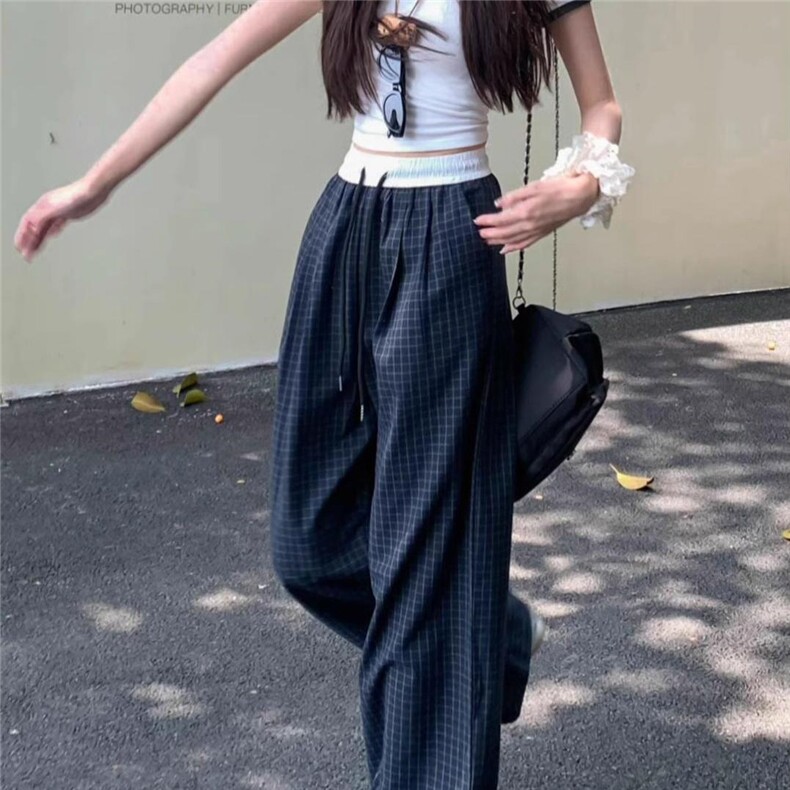 格子休闲裤男款夏季美式复古直筒阔腿裤痞帅慵懒风雪纺裤女,女装休闲裤,星座1210-1