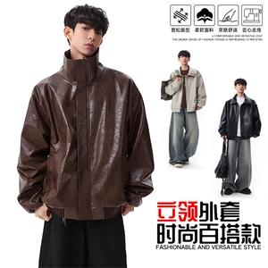 春季潮牌皮衣美式复古情侣翻领PU皮休闲宽松皮夹克外套JK0263-P78图片