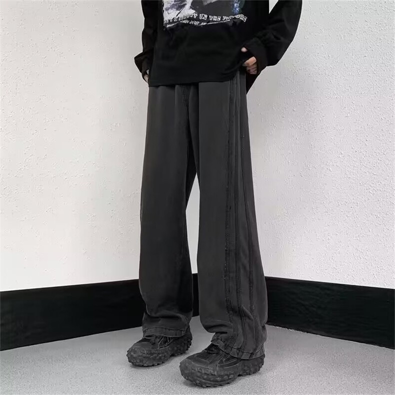 三条杠织带复古牛仔裤男欧美hiphop炸街裤子潮小众水洗休闲直筒裤,男装牛仔裤,星座506A