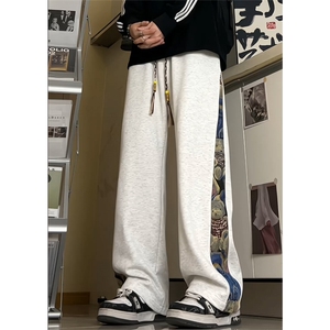 青春活力风拼接直筒休闲裤男宽松束脚美式运动裤K8461-特价P58
