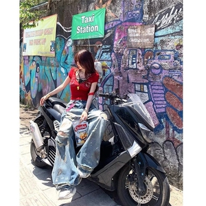 美式高街泥染做旧破洞牛仔裤男女泼墨慵懒拖地宽松阔腿裤潮图片