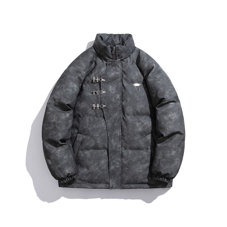 白底立领PU皮复古做旧面料金属飞机扣设计棉衣男MY77726P148控198，男装棉衣，星座227-7