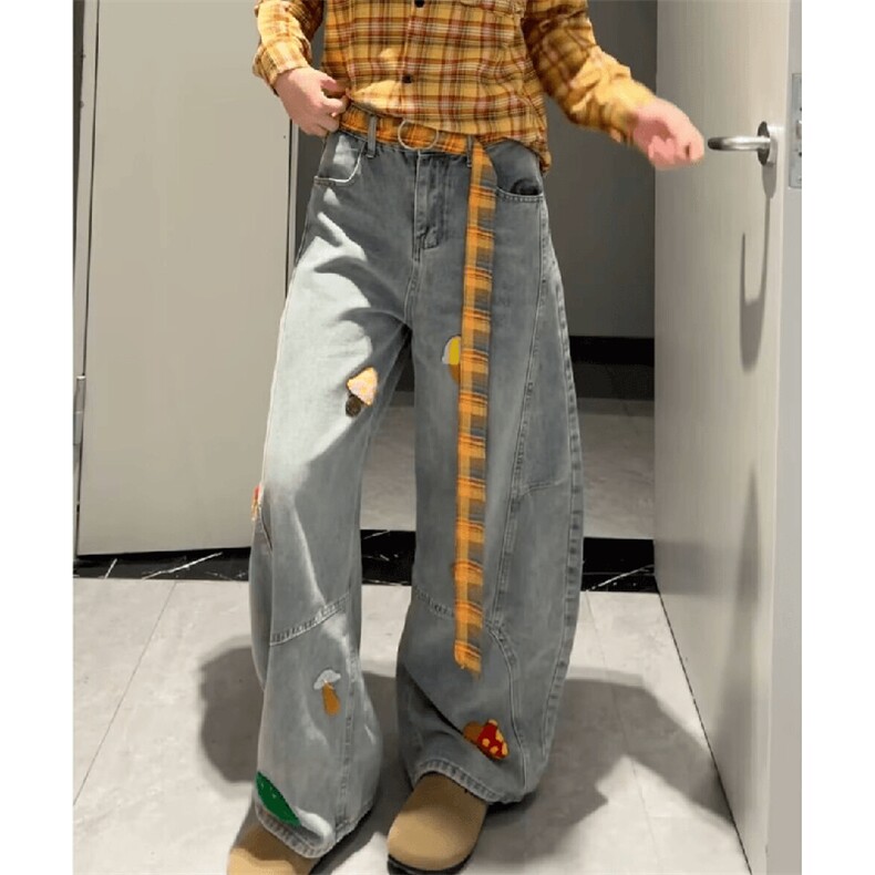 美式高街复古立体刺绣配腰带阔腿牛仔裤男女显瘦直筒弯刀拖地裤潮,男装牛仔裤,电商A486