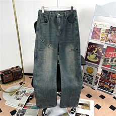 牛仔裤男士潮牌春秋季美式高街复古蓝微喇裤工装宽松裤T8863/P49，男装牛仔裤，星座506B