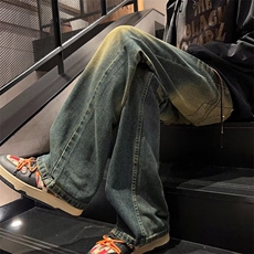 美式高街vibe做旧黄泥染水洗牛仔裤男潮ins直筒微喇cleanfit裤子，男装牛仔裤，星座601-2