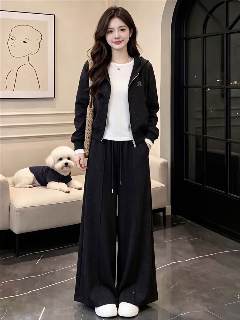 高级感休闲运动套装女春秋双头拉链卫衣内搭白色T恤阔腿裤三件套,女装套装/套裙,江南